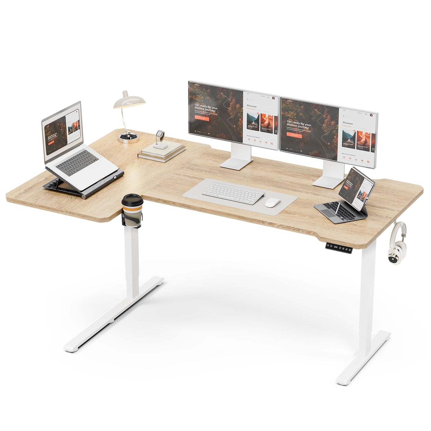 59 Inch L Shaped Standing Desk Adjustable Height, Electric Corner Standing Desk, Sit Stand Computer Table with Reversiable Splice Board, Rustic Brown