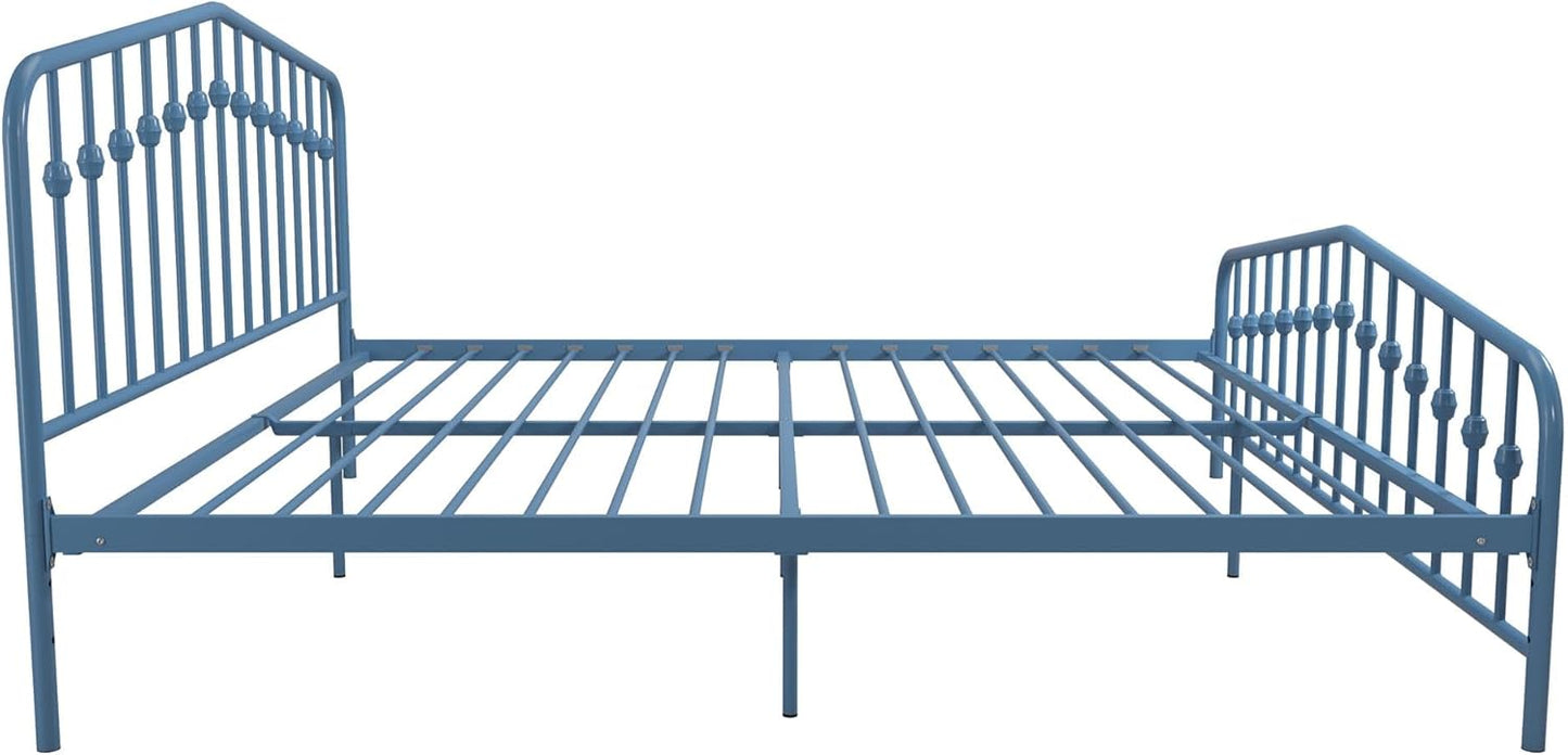Novogratz Bushwick King Bed Frame Metal with Slightly Triangular Headboard, Inset Spindles, Adjustable Base for Storage, No Box Spring Needed, Sea Blue