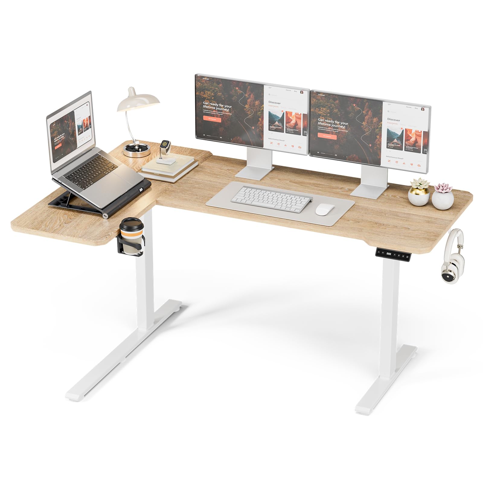 59 Inch L Shaped Standing Desk Adjustable Height, Electric Corner Standing Desk, Sit Stand Computer Table with Reversiable Splice Board, Rustic Brown