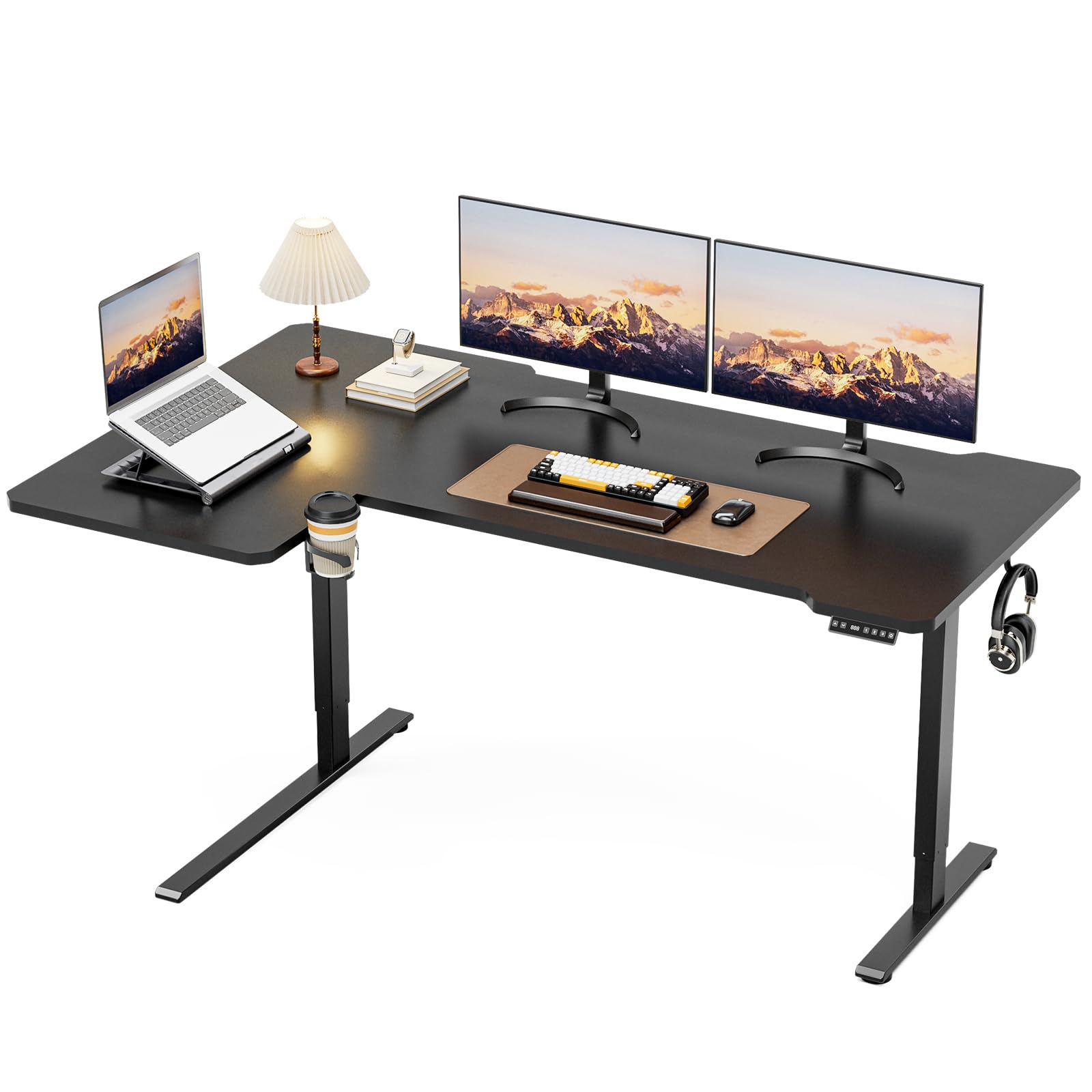 59 Inch L Shaped Standing Desk Adjustable Height, Electric Corner Standing Desk, Sit Stand Computer Table with Reversiable Splice Board, Rustic Brown