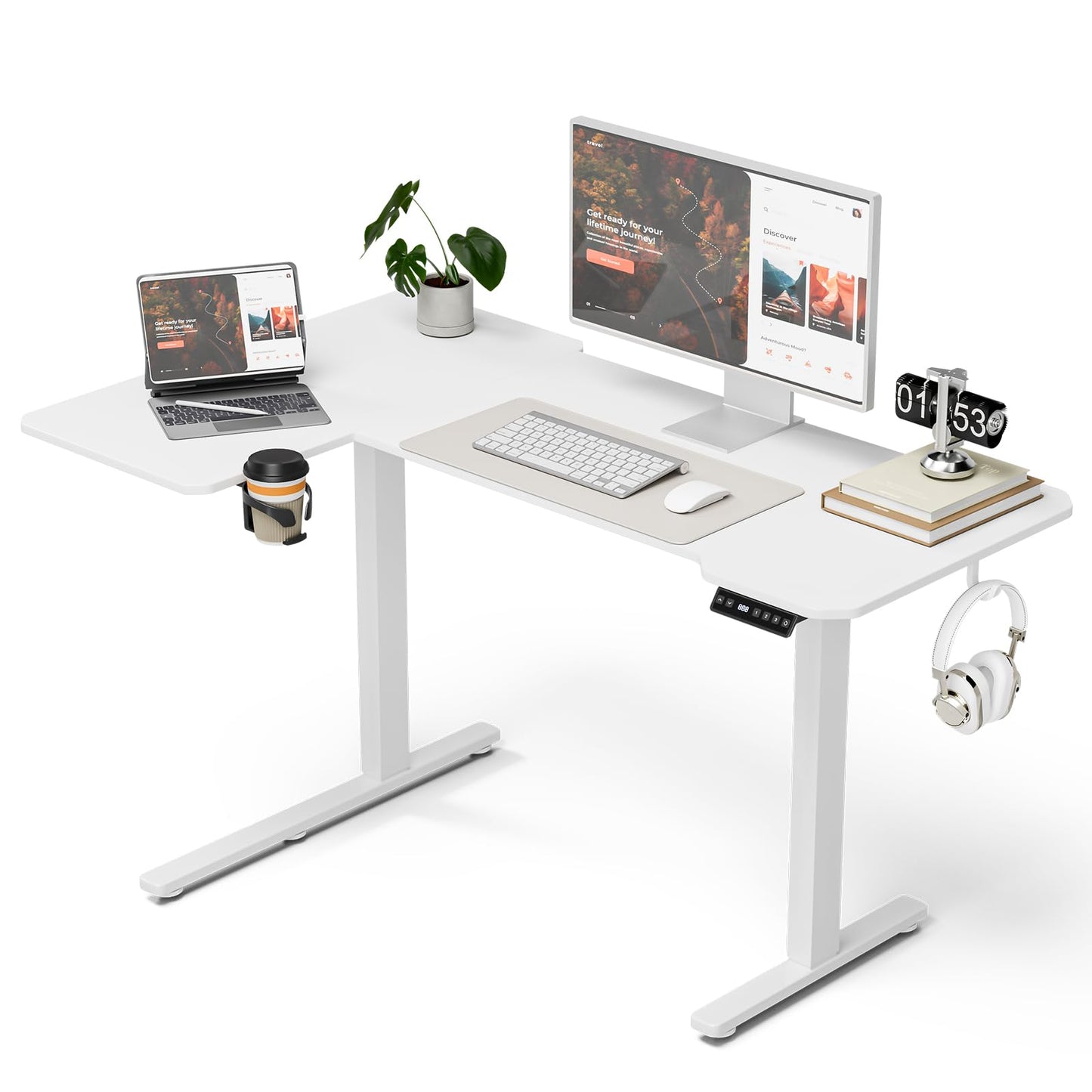 59 Inch L Shaped Standing Desk Adjustable Height, Electric Corner Standing Desk, Sit Stand Computer Table with Reversiable Splice Board, Rustic Brown