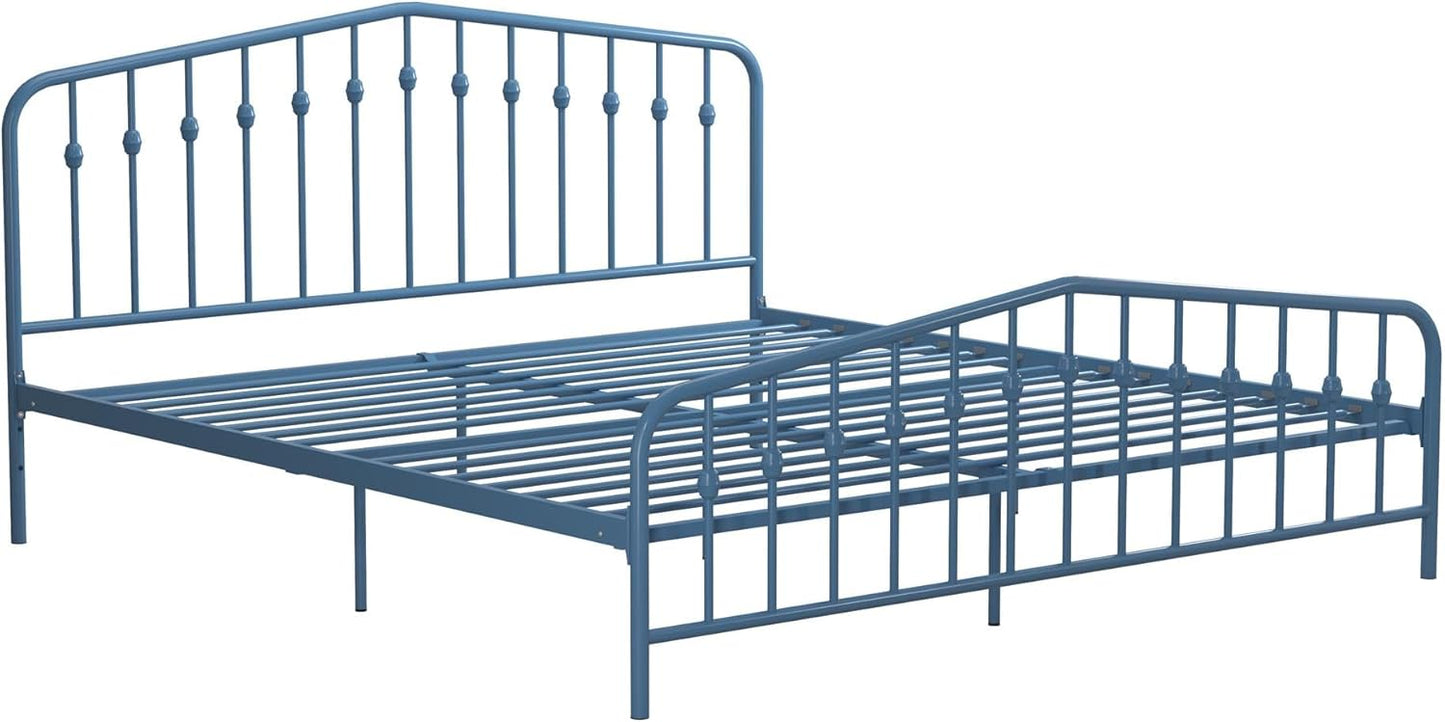 Novogratz Bushwick King Bed Frame Metal with Slightly Triangular Headboard, Inset Spindles, Adjustable Base for Storage, No Box Spring Needed, Sea Blue