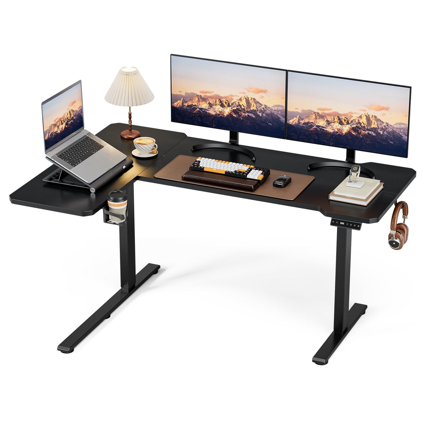 59 Inch L Shaped Standing Desk Adjustable Height, Electric Corner Standing Desk, Sit Stand Computer Table with Reversiable Splice Board, Rustic Brown