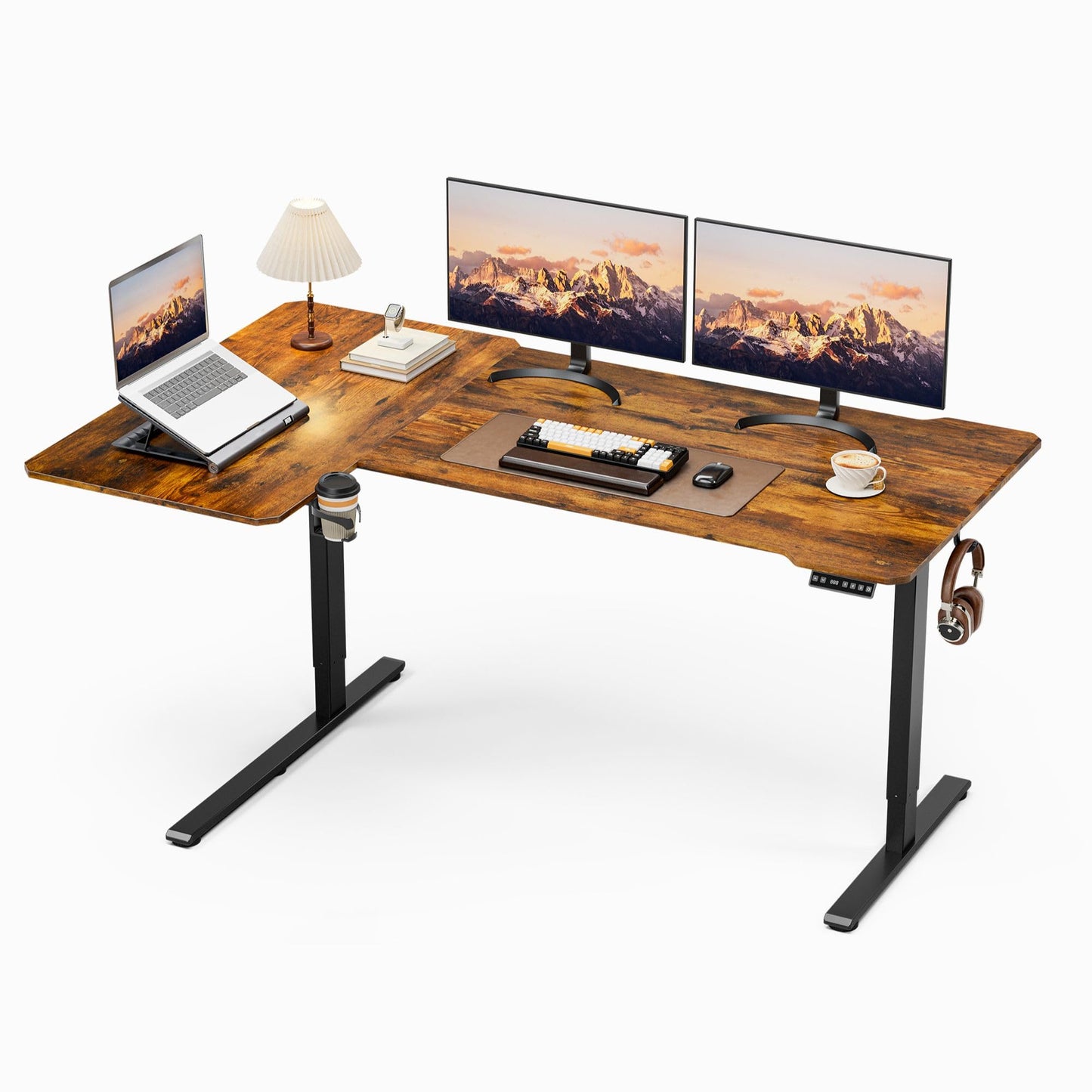 59 Inch L Shaped Standing Desk Adjustable Height, Electric Corner Standing Desk, Sit Stand Computer Table with Reversiable Splice Board, Rustic Brown