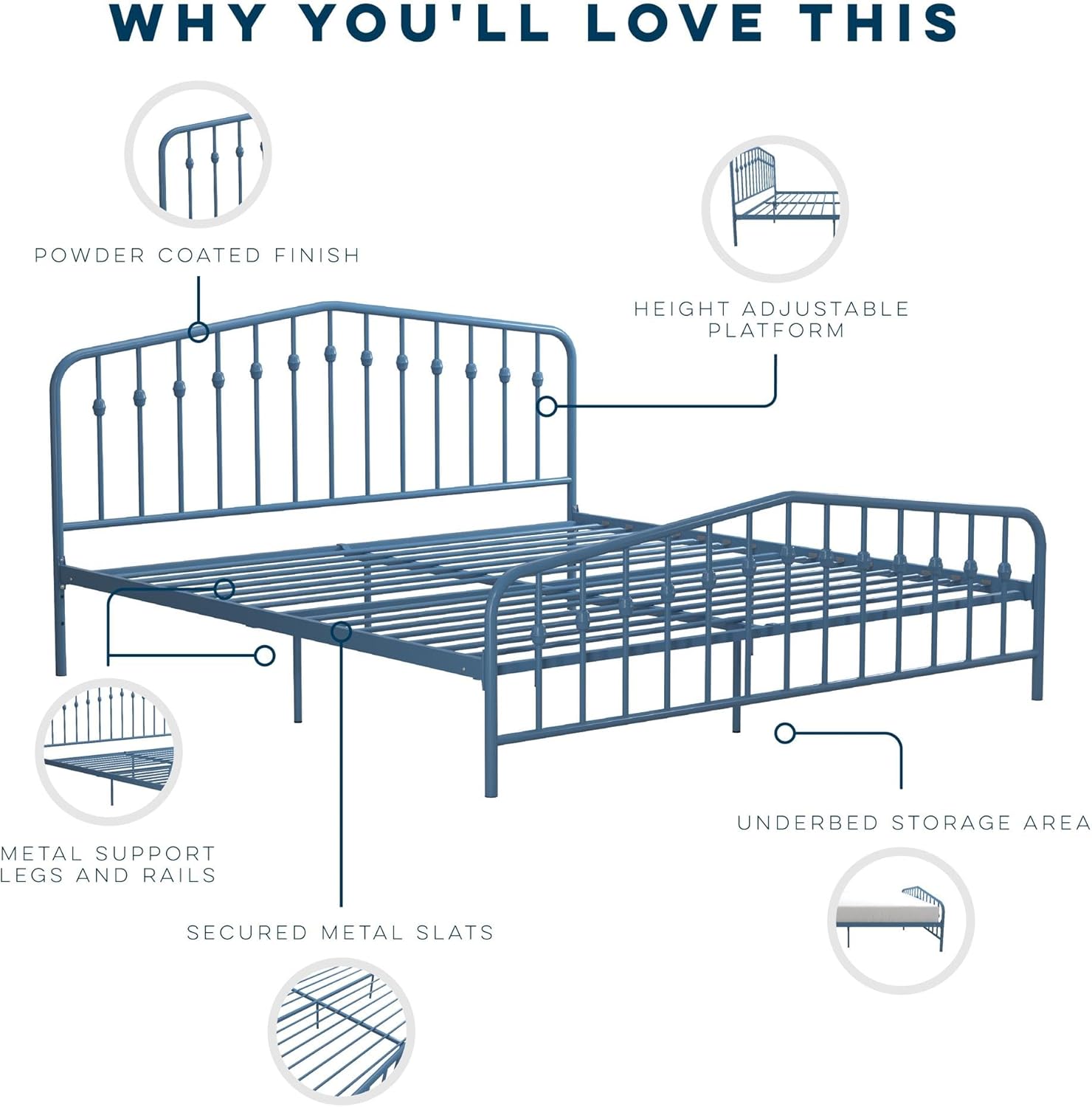 Novogratz Bushwick King Bed Frame Metal with Slightly Triangular Headboard, Inset Spindles, Adjustable Base for Storage, No Box Spring Needed, Sea Blue