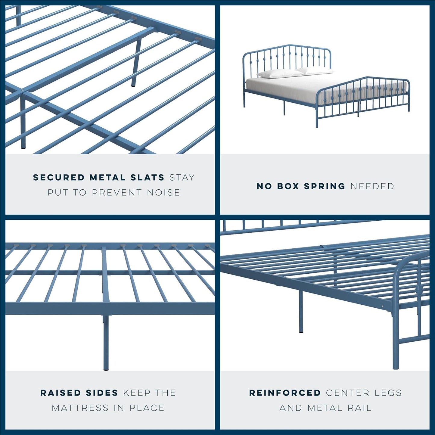 Novogratz Bushwick King Bed Frame Metal with Slightly Triangular Headboard, Inset Spindles, Adjustable Base for Storage, No Box Spring Needed, Sea Blue