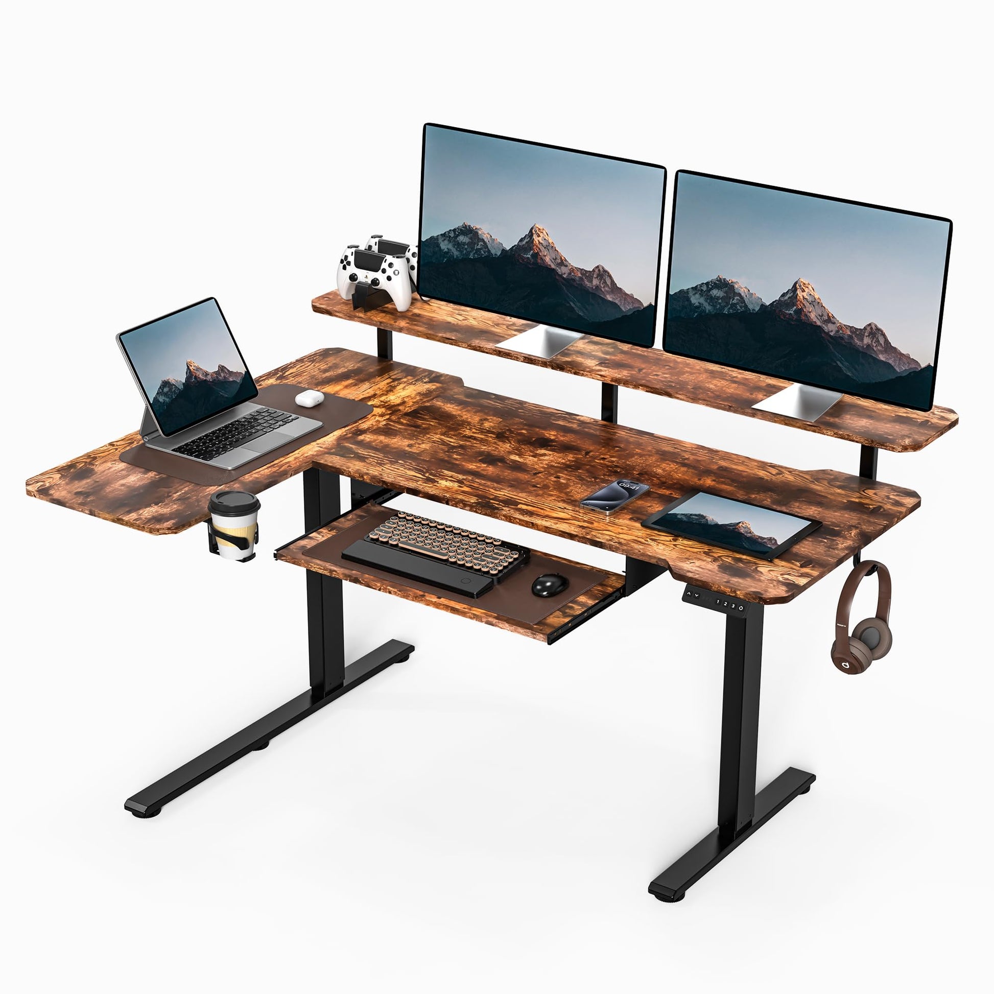 59 Inch L Shaped Standing Desk Adjustable Height, Electric Corner Standing Desk, Sit Stand Computer Table with Reversiable Splice Board, Rustic Brown