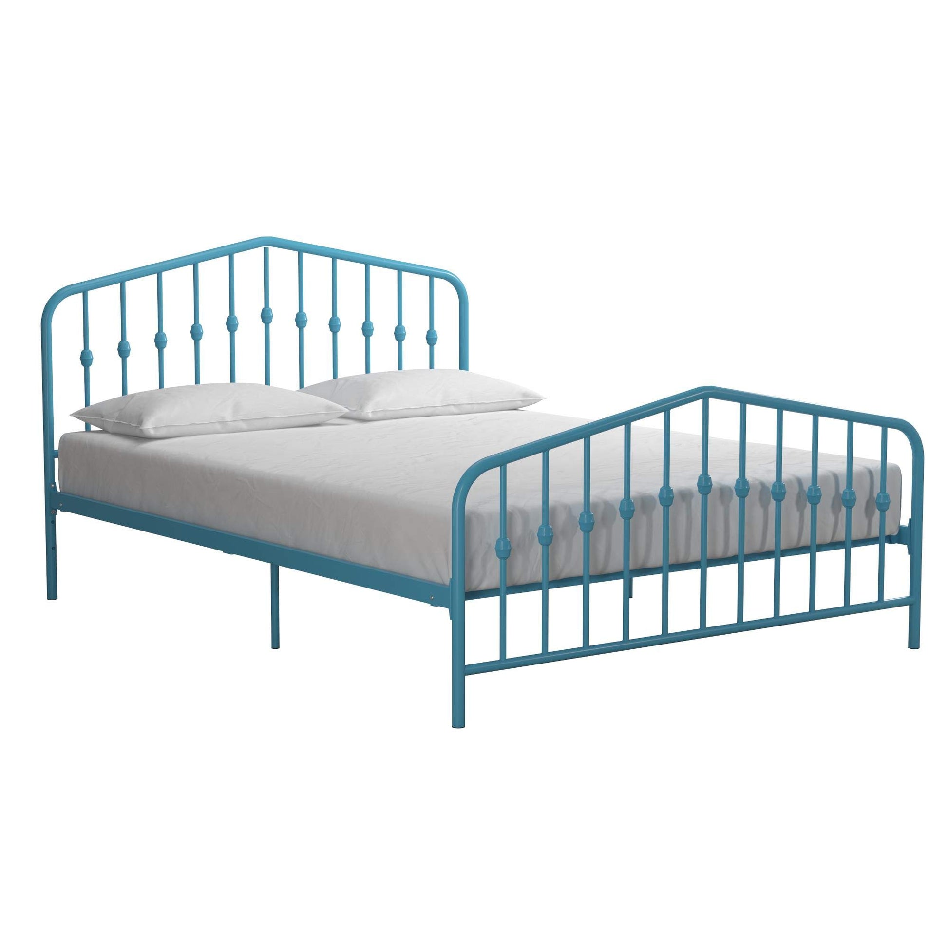 Novogratz Bushwick King Bed Frame Metal with Slightly Triangular Headboard, Inset Spindles, Adjustable Base for Storage, No Box Spring Needed, Sea Blue
