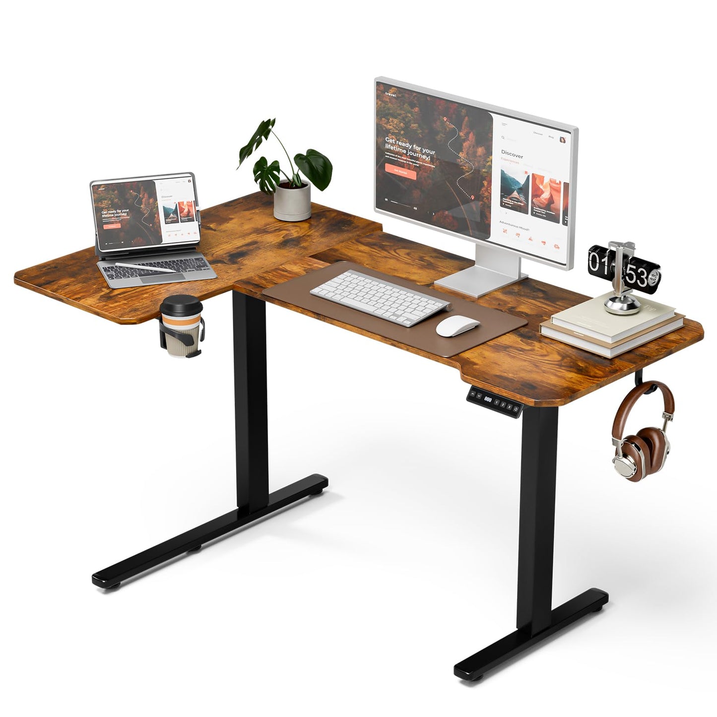 59 Inch L Shaped Standing Desk Adjustable Height, Electric Corner Standing Desk, Sit Stand Computer Table with Reversiable Splice Board, Rustic Brown