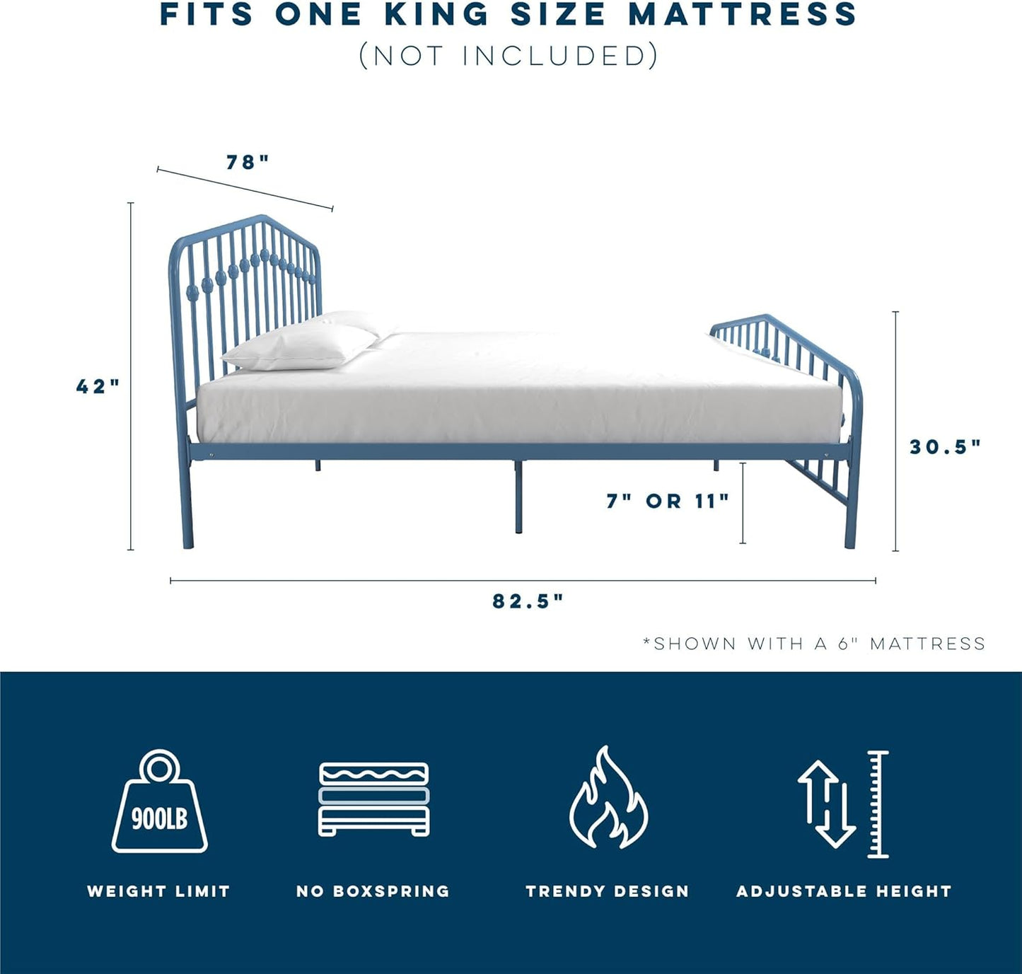Novogratz Bushwick King Bed Frame Metal with Slightly Triangular Headboard, Inset Spindles, Adjustable Base for Storage, No Box Spring Needed, Sea Blue