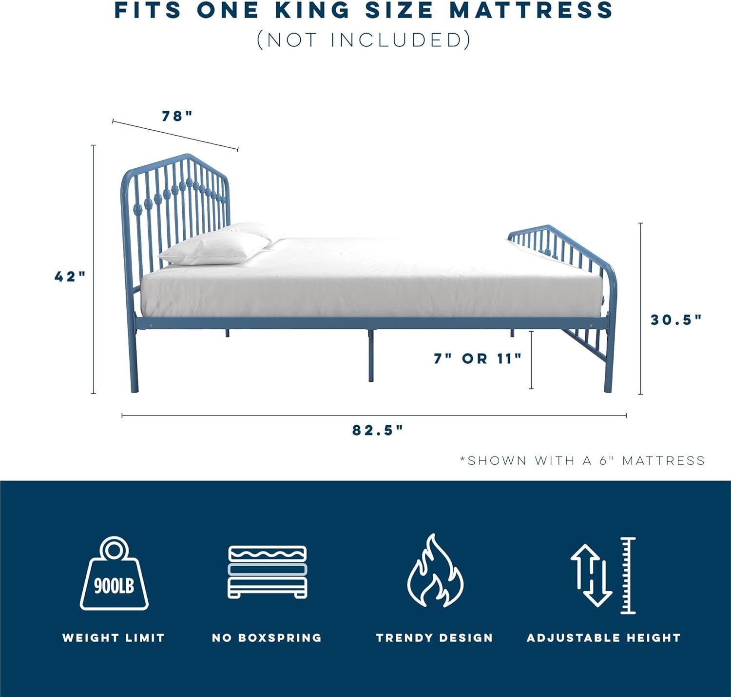 Novogratz Bushwick King Bed Frame Metal with Slightly Triangular Headboard, Inset Spindles, Adjustable Base for Storage, No Box Spring Needed, Sea Blue