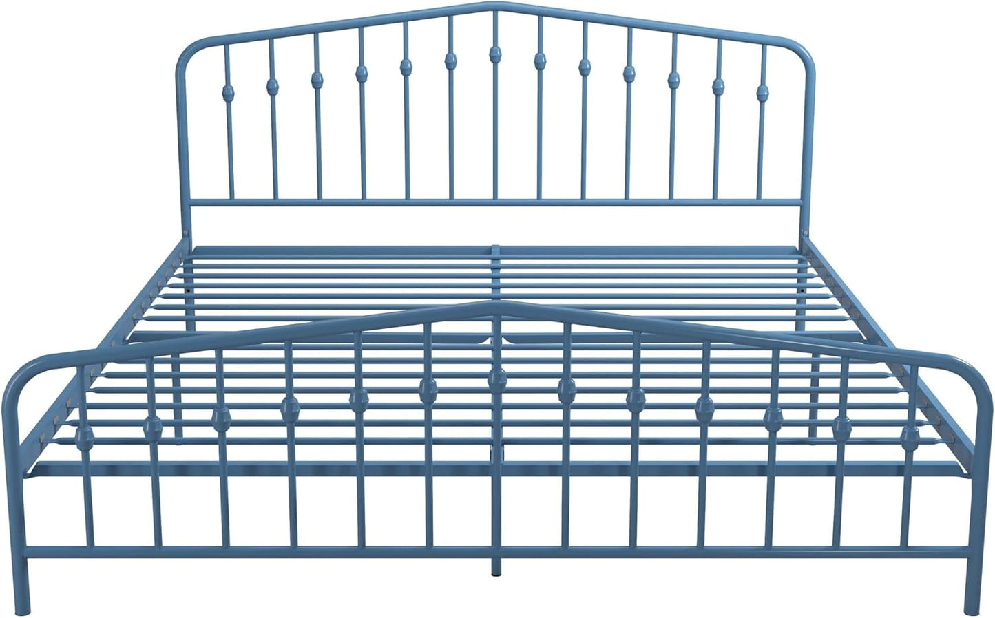 Novogratz Bushwick King Bed Frame Metal with Slightly Triangular Headboard, Inset Spindles, Adjustable Base for Storage, No Box Spring Needed, Sea Blue