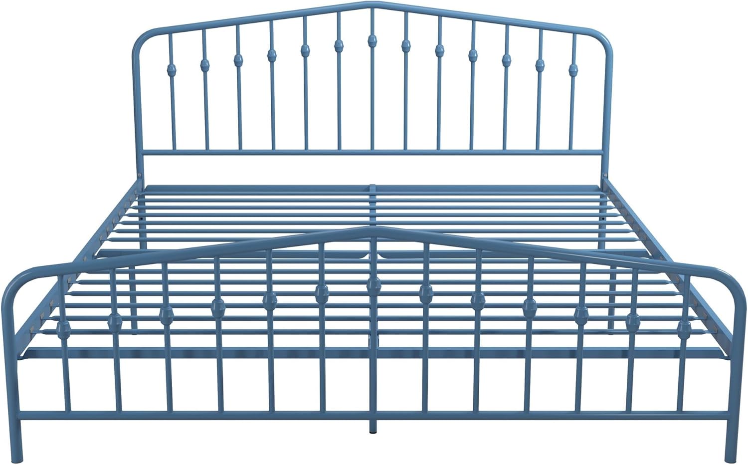 Novogratz Bushwick King Bed Frame Metal with Slightly Triangular Headboard, Inset Spindles, Adjustable Base for Storage, No Box Spring Needed, Sea Blue