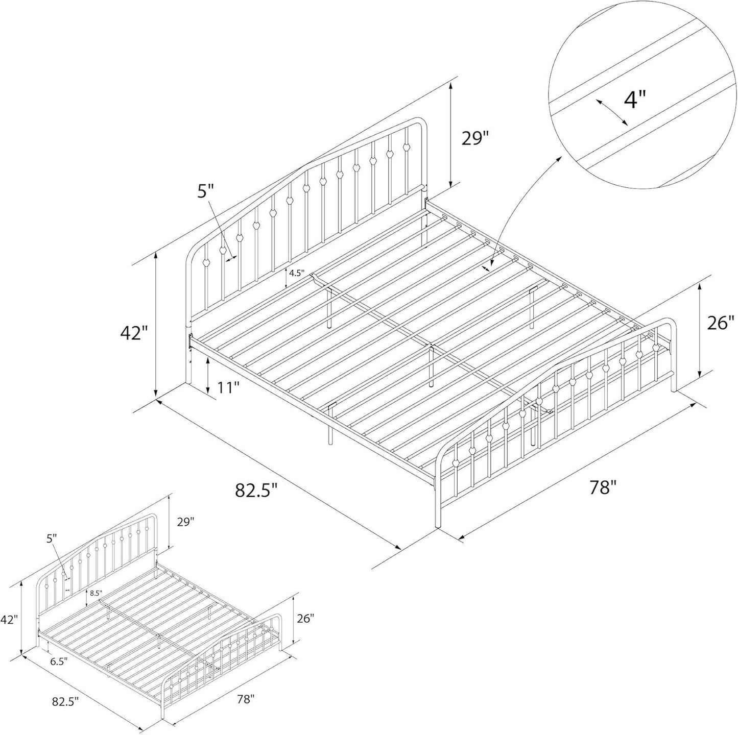 Novogratz Bushwick King Bed Frame Metal with Slightly Triangular Headboard, Inset Spindles, Adjustable Base for Storage, No Box Spring Needed, Sea Blue