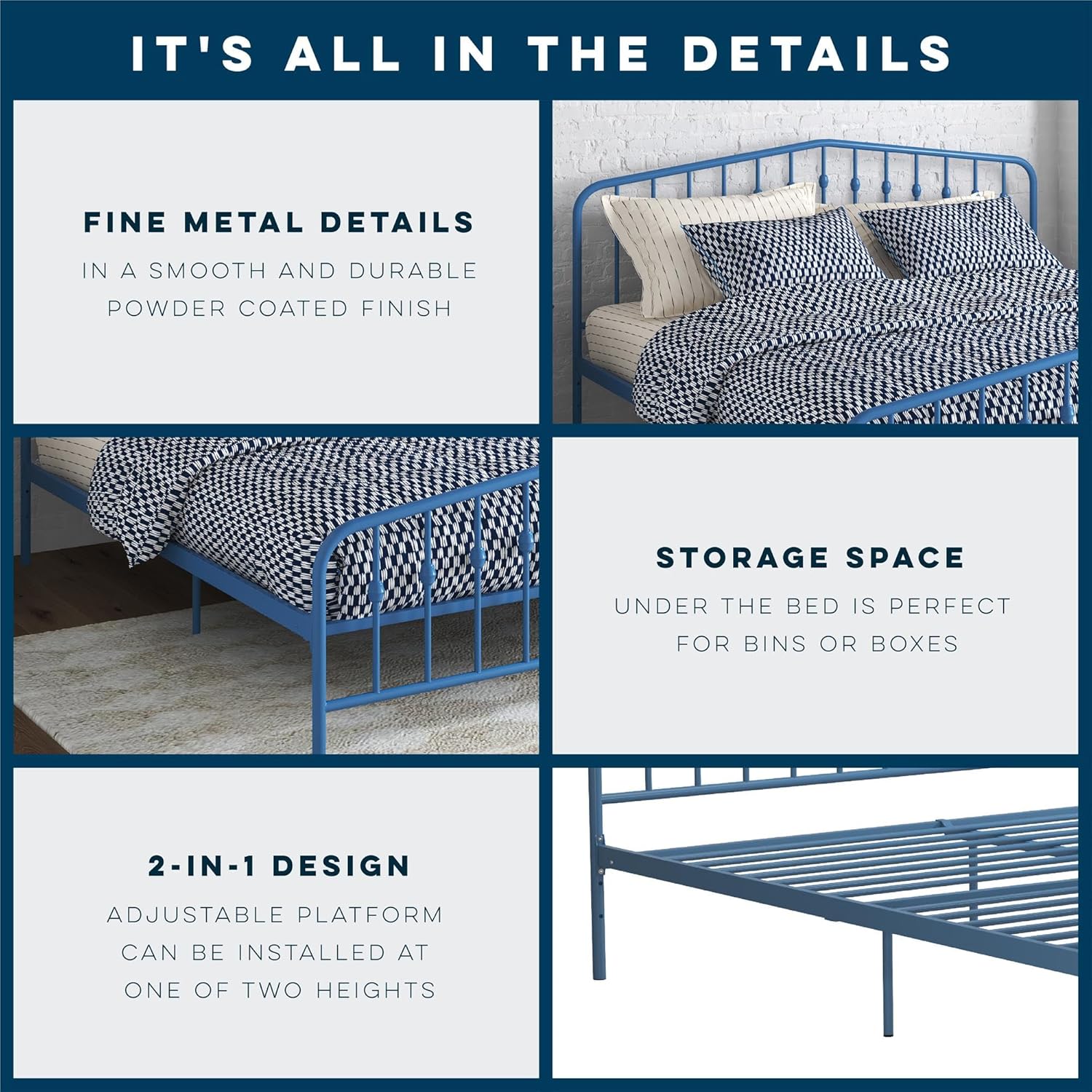 Novogratz Bushwick King Bed Frame Metal with Slightly Triangular Headboard, Inset Spindles, Adjustable Base for Storage, No Box Spring Needed, Sea Blue