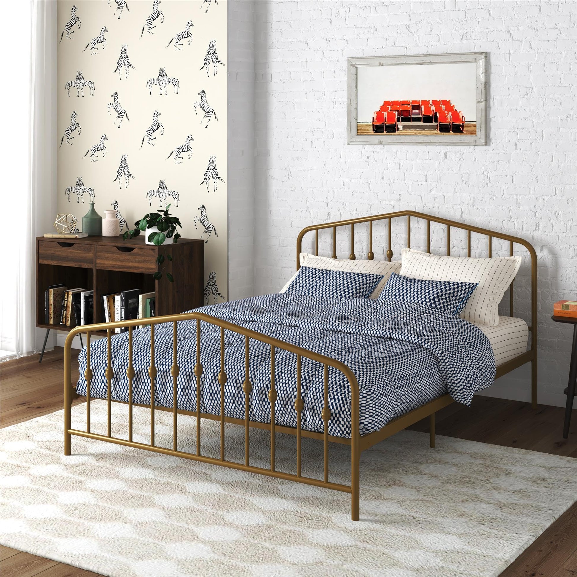 Novogratz Bushwick King Bed Frame Metal with Slightly Triangular Headboard, Inset Spindles, Adjustable Base for Storage, No Box Spring Needed, Sea Blue