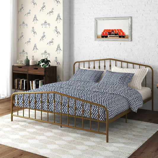 Novogratz Bushwick King Bed Frame Metal with Slightly Triangular Headboard, Inset Spindles, Adjustable Base for Storage, No Box Spring Needed, Gold