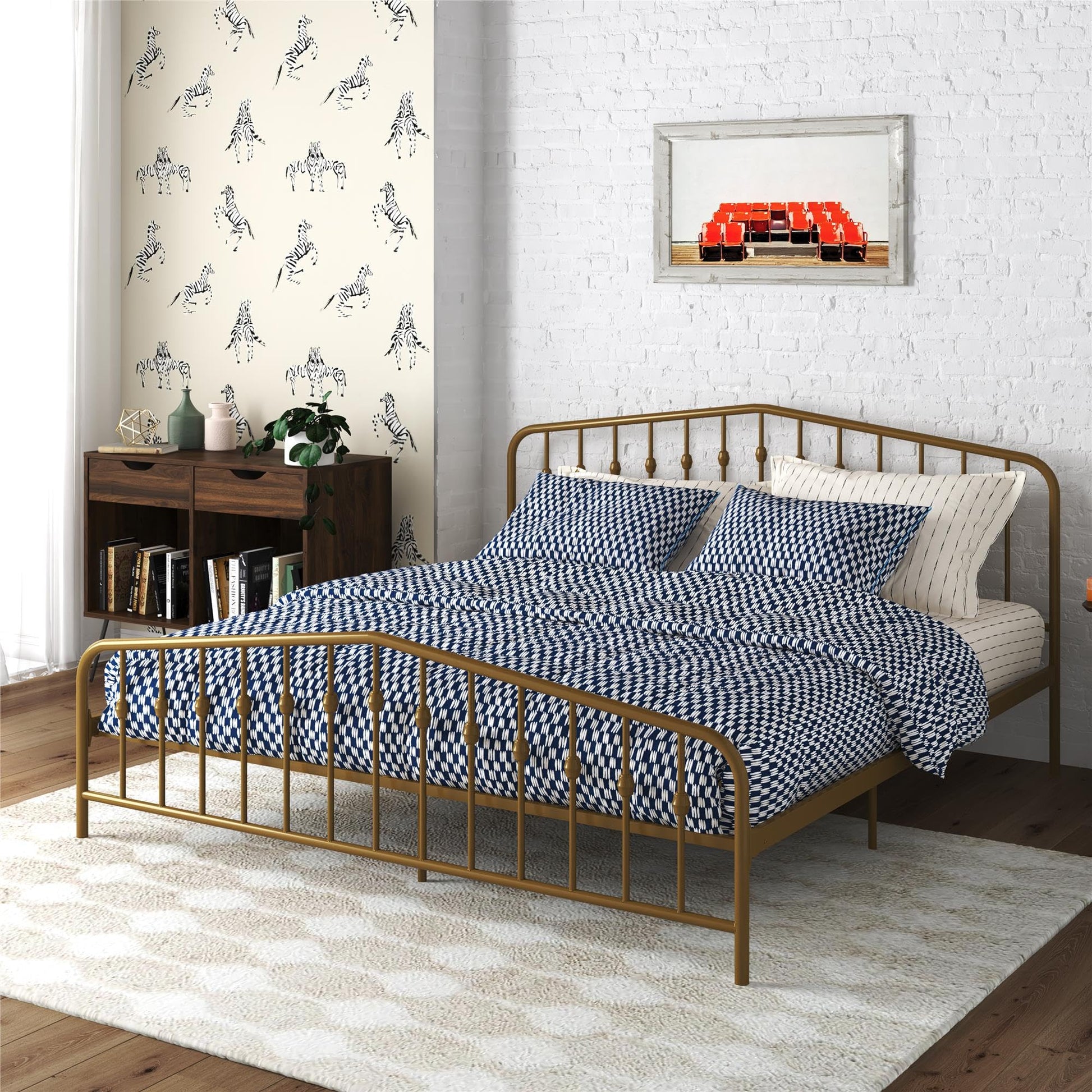 Novogratz Bushwick King Bed Frame Metal with Slightly Triangular Headboard, Inset Spindles, Adjustable Base for Storage, No Box Spring Needed, Sea Blue