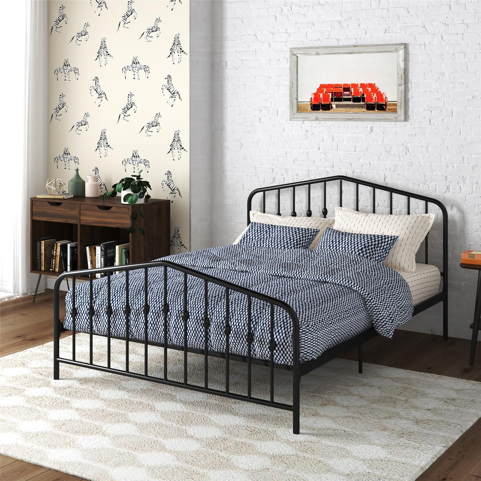 Novogratz Bushwick King Bed Frame Metal with Slightly Triangular Headboard, Inset Spindles, Adjustable Base for Storage, No Box Spring Needed, Sea Blue