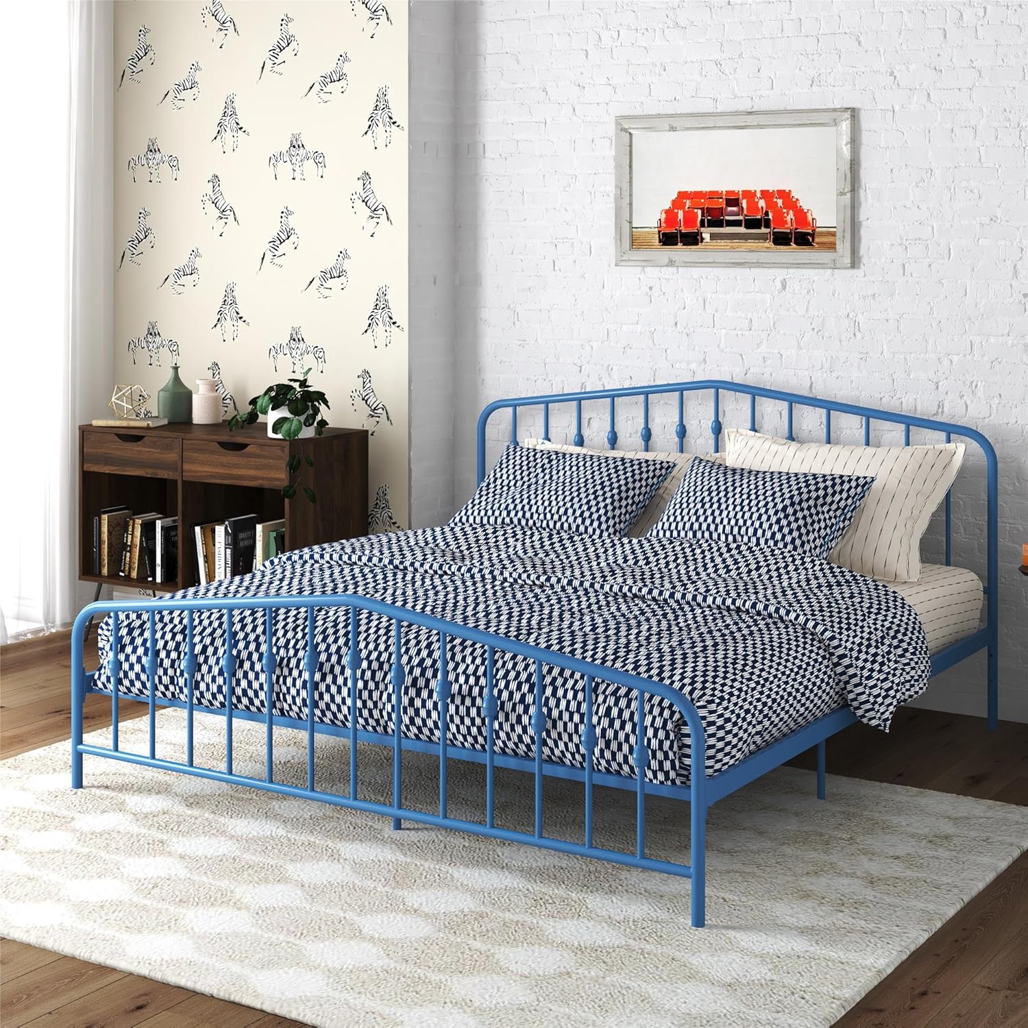 Novogratz Bushwick King Bed Frame Metal with Slightly Triangular Headboard, Inset Spindles, Adjustable Base for Storage, No Box Spring Needed, Sea Blue