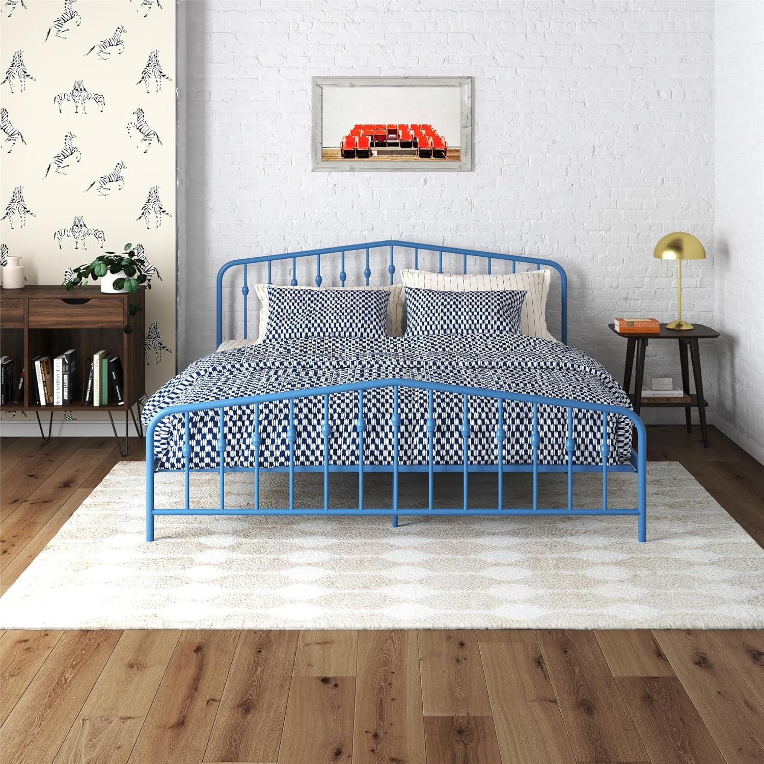 Novogratz Bushwick King Bed Frame Metal with Slightly Triangular Headboard, Inset Spindles, Adjustable Base for Storage, No Box Spring Needed, Sea Blue