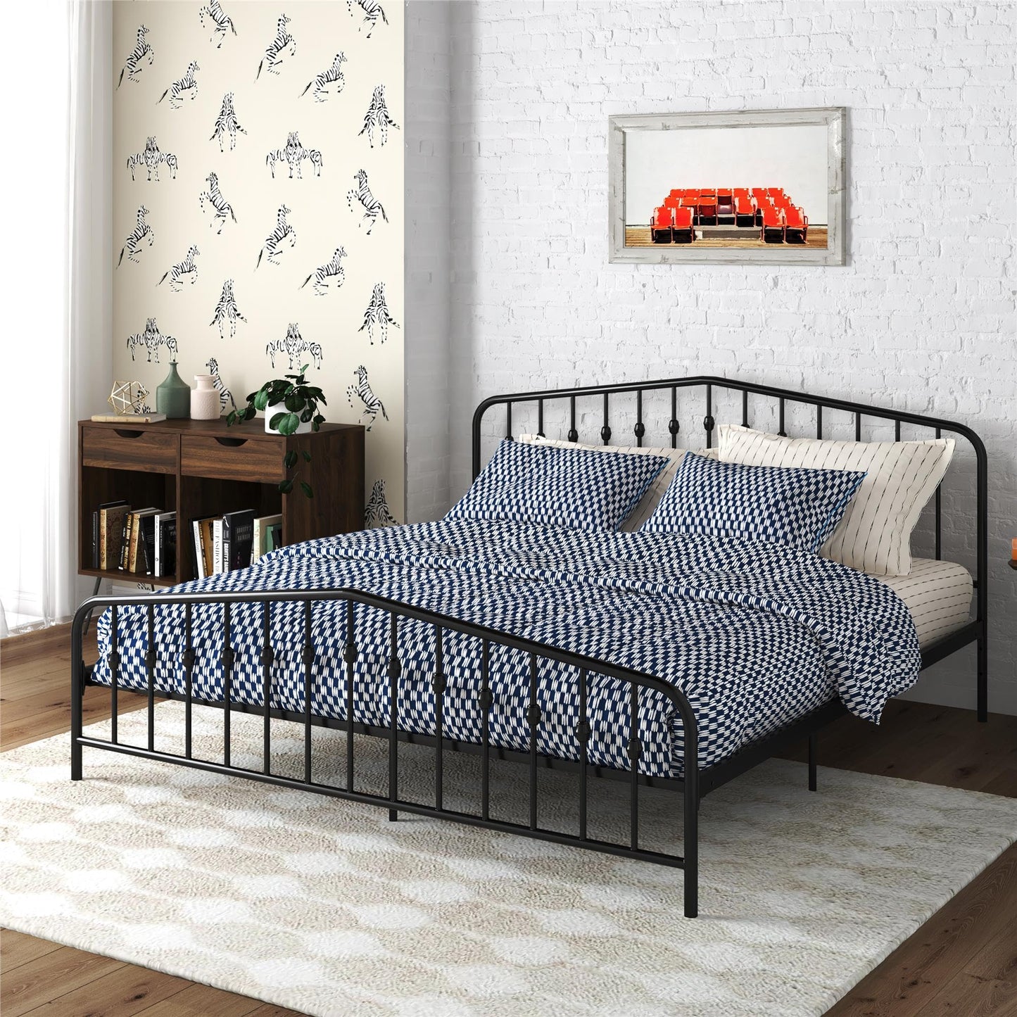 Novogratz Bushwick King Bed Frame Metal with Slightly Triangular Headboard, Inset Spindles, Adjustable Base for Storage, No Box Spring Needed, Sea Blue