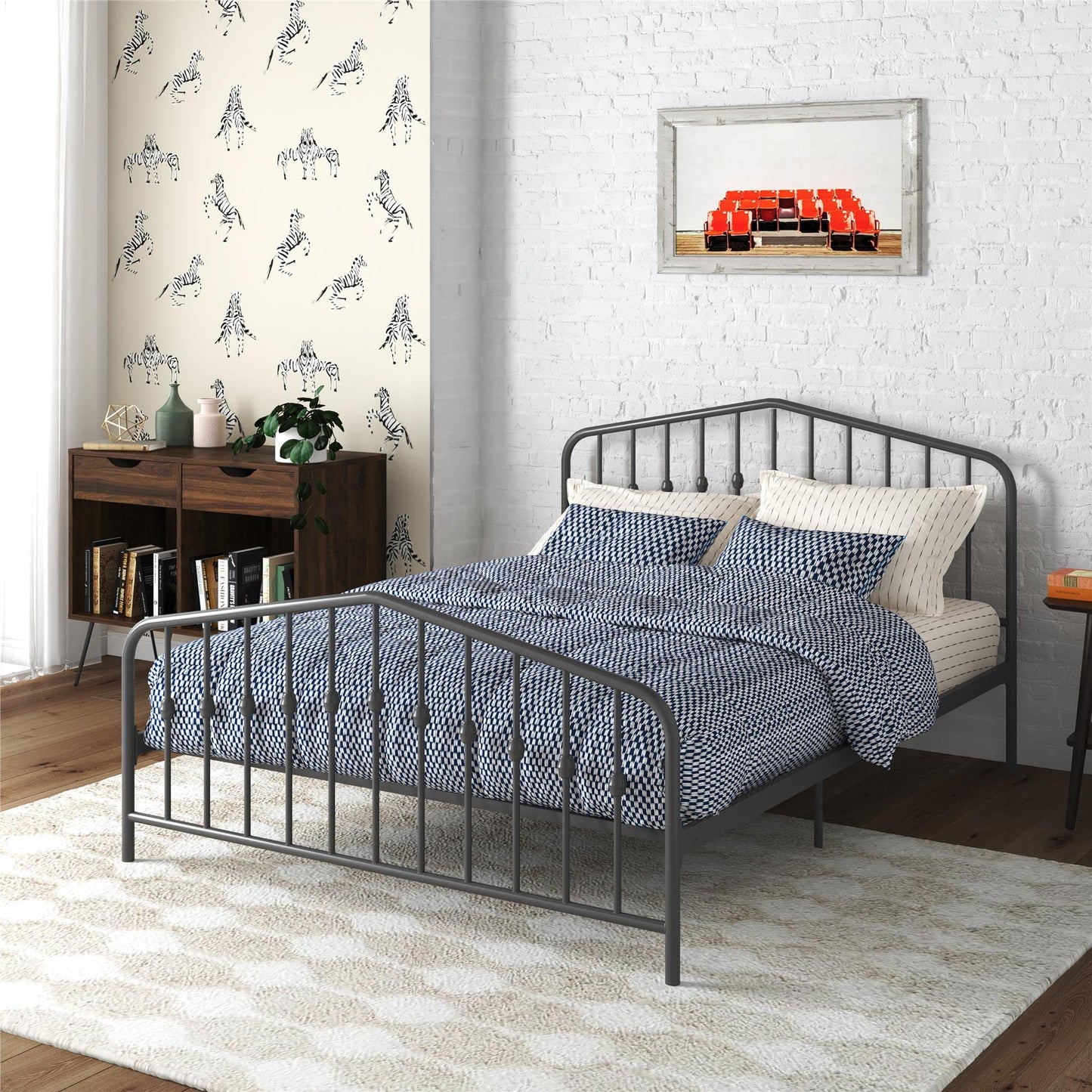 Novogratz Bushwick King Bed Frame Metal with Slightly Triangular Headboard, Inset Spindles, Adjustable Base for Storage, No Box Spring Needed, Sea Blue